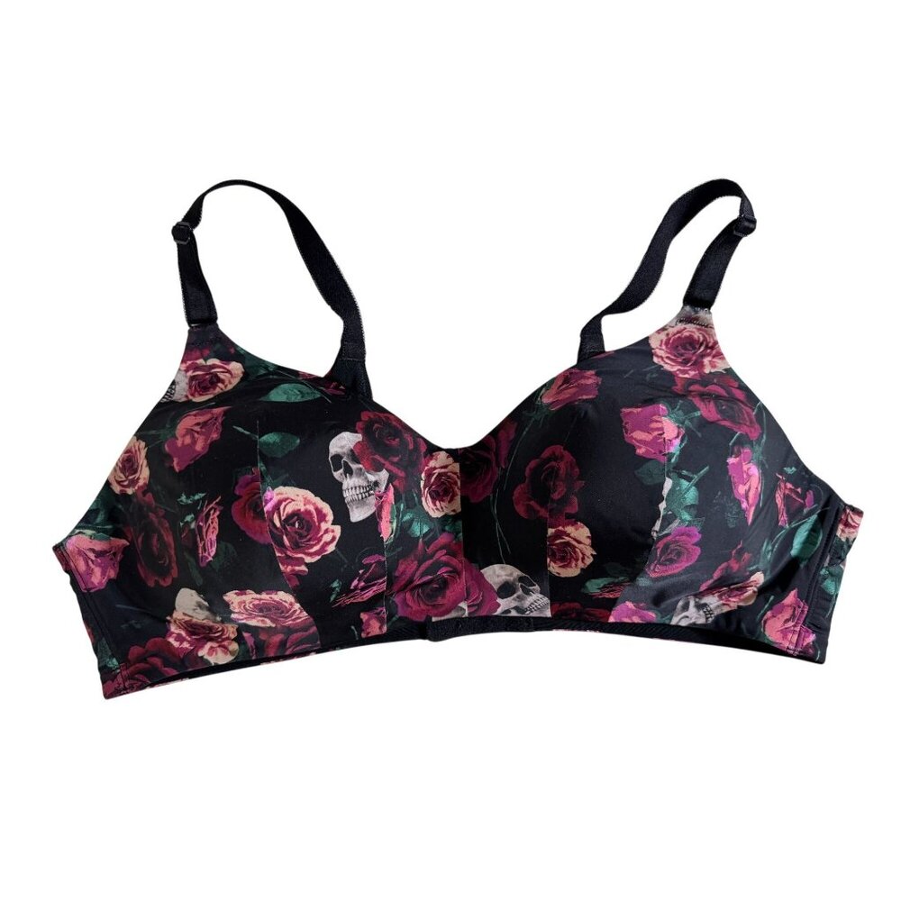 Torrid Black Rose Skull Wireless Bra Adjustable Straps size 40C Grunge Goth